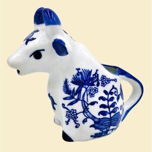 Blue White Porcelain Cow Creamer Vintage Cottagecore Farmcore Country Baum Bros.